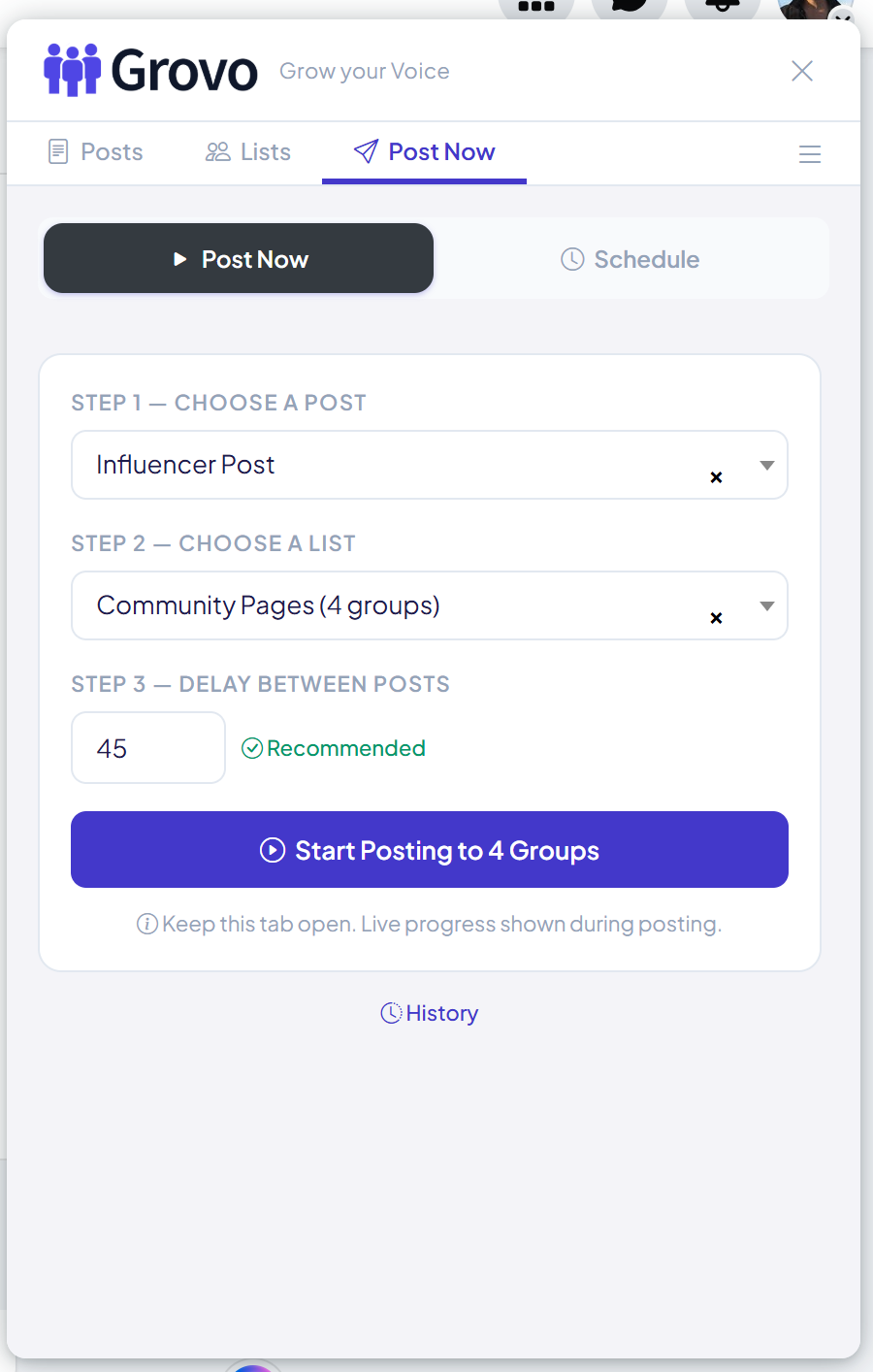 Grovo Post Now tab showing a selected listing post and group list ready to publish