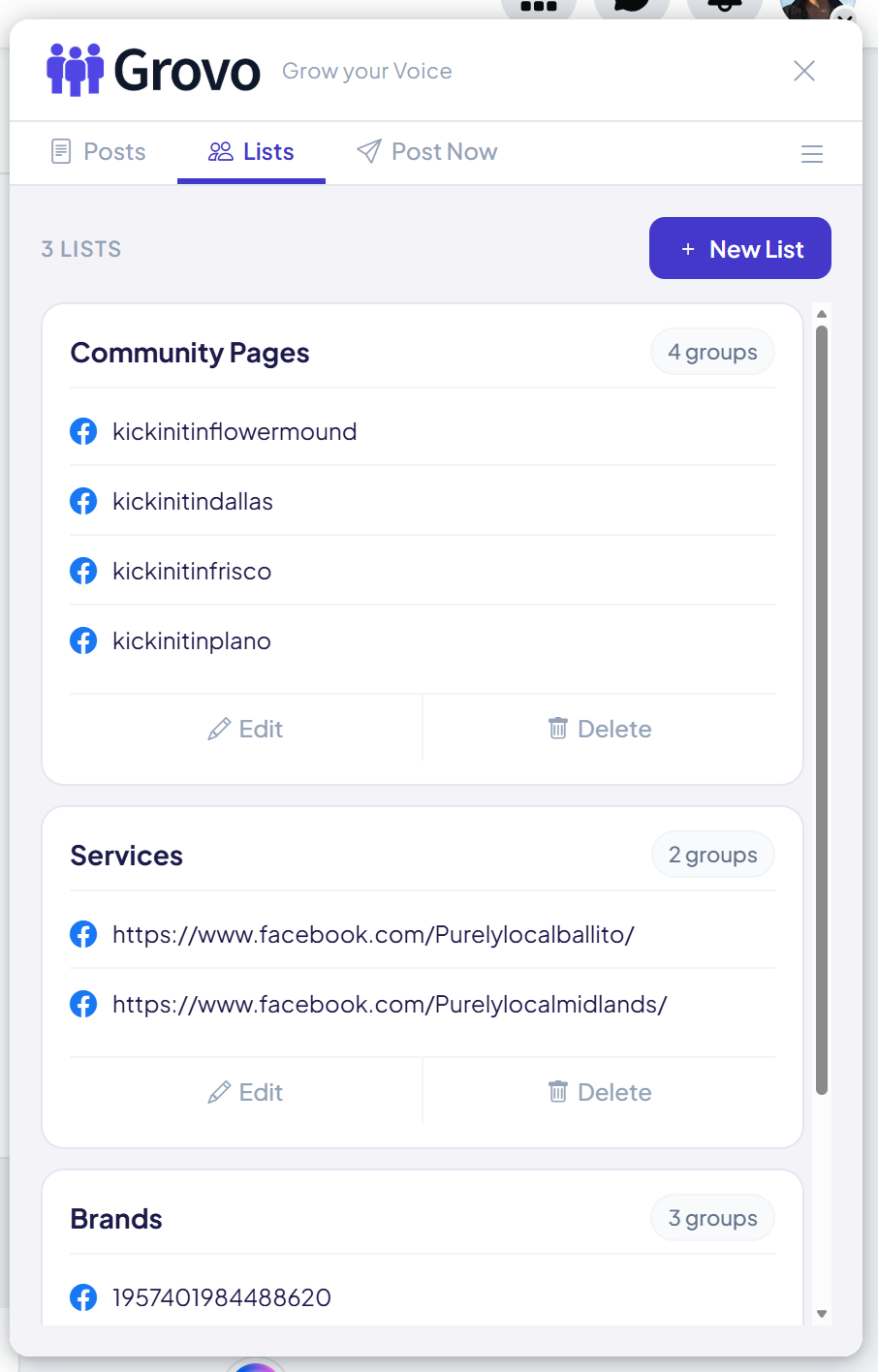 Grovo Lists tab showing multiple per-client Facebook group lists organized for easy reuse